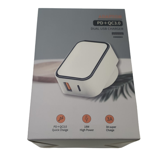 USB-B & USB-C 18W Fast Charging Wall Plug (UK Plug)